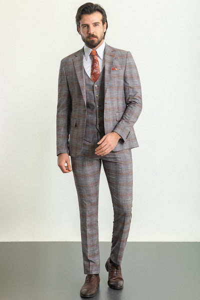 Gray and Orange Checkered 3-Piece Suit
