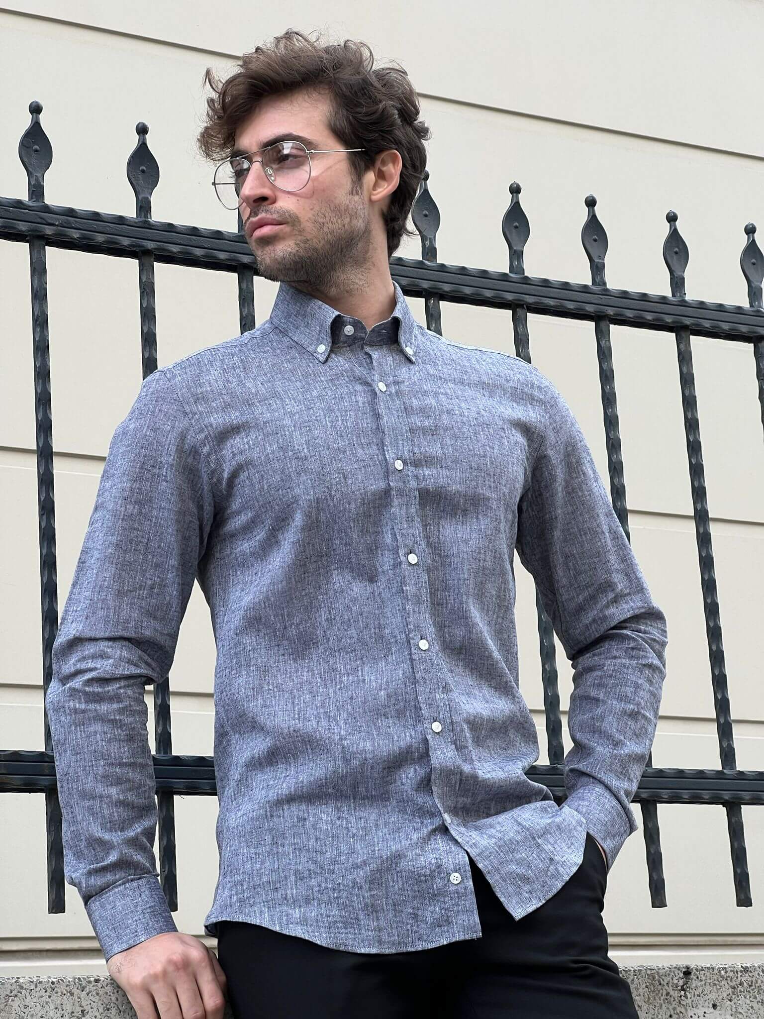Elegance meets comfort: Our male model effortlessly rocks the Gray Cotton Shirt