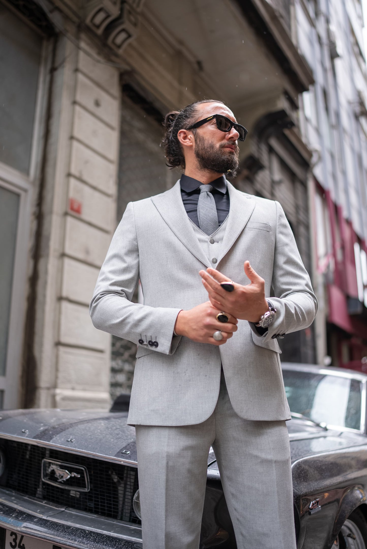 A Gray Suit worn by a model