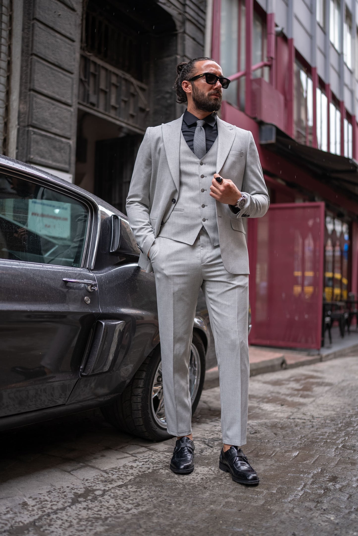 A Gray Suit worn by a model
