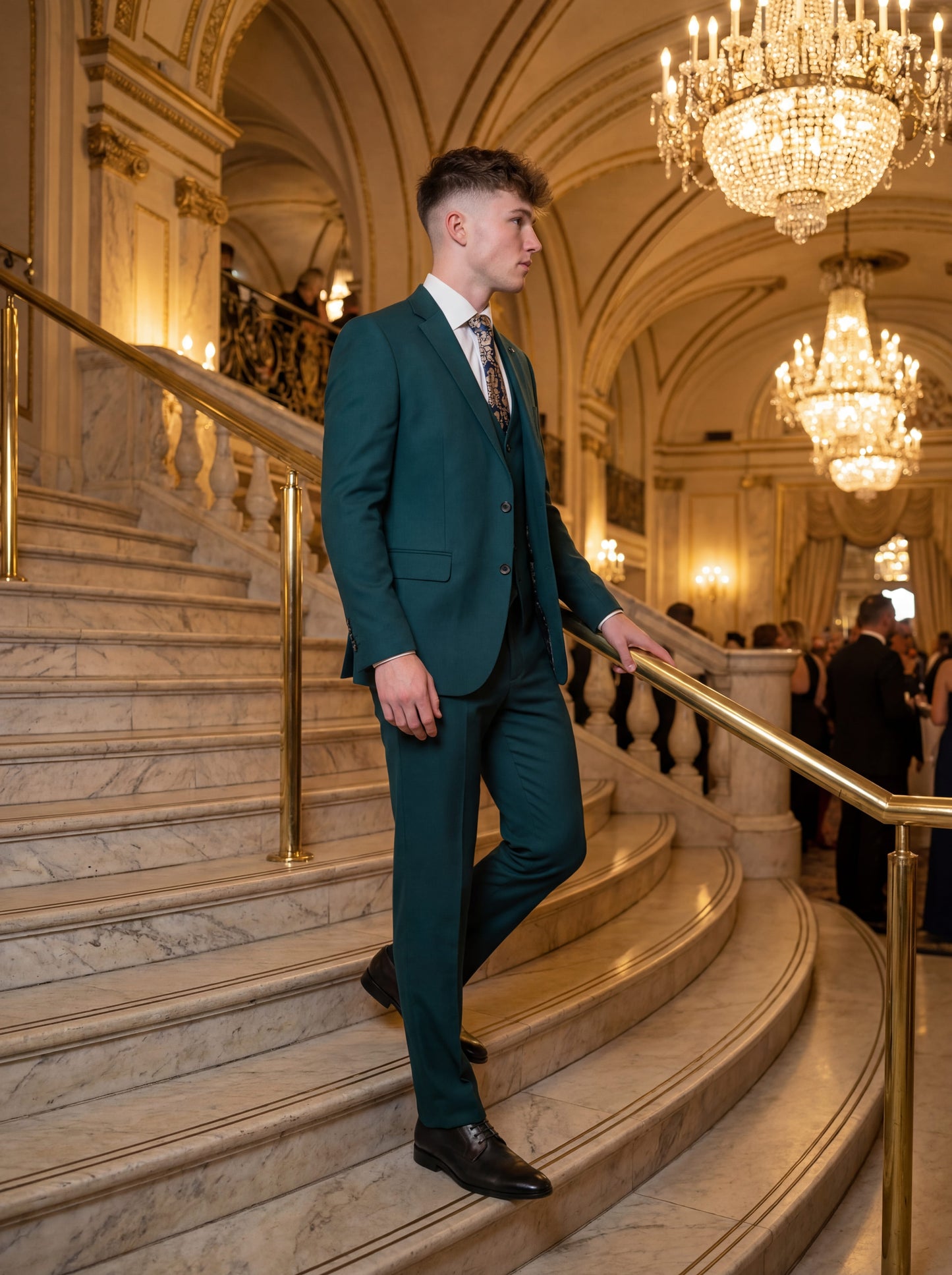 Emerald green slim fit three-piece prom suit styled for formal prom event