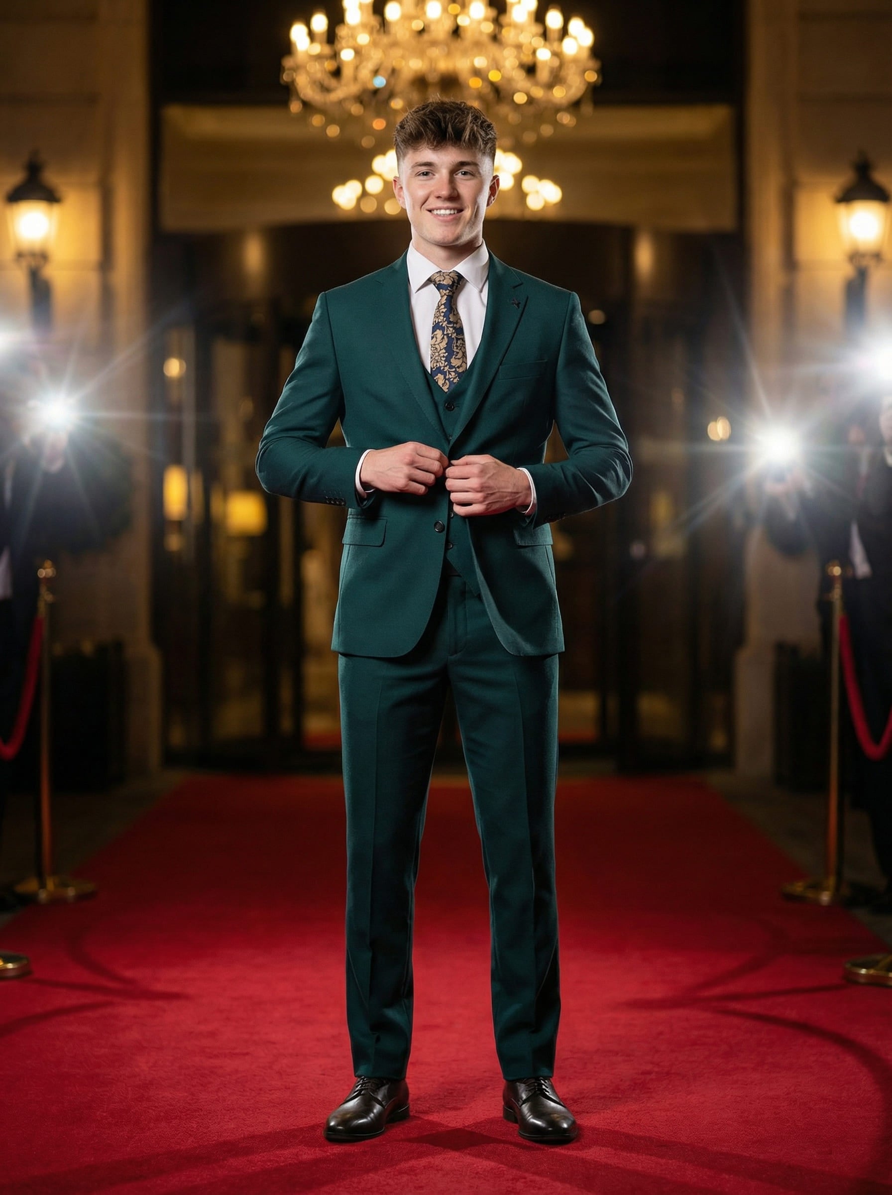 Emerald green slim fit three-piece prom suit styled for formal prom event