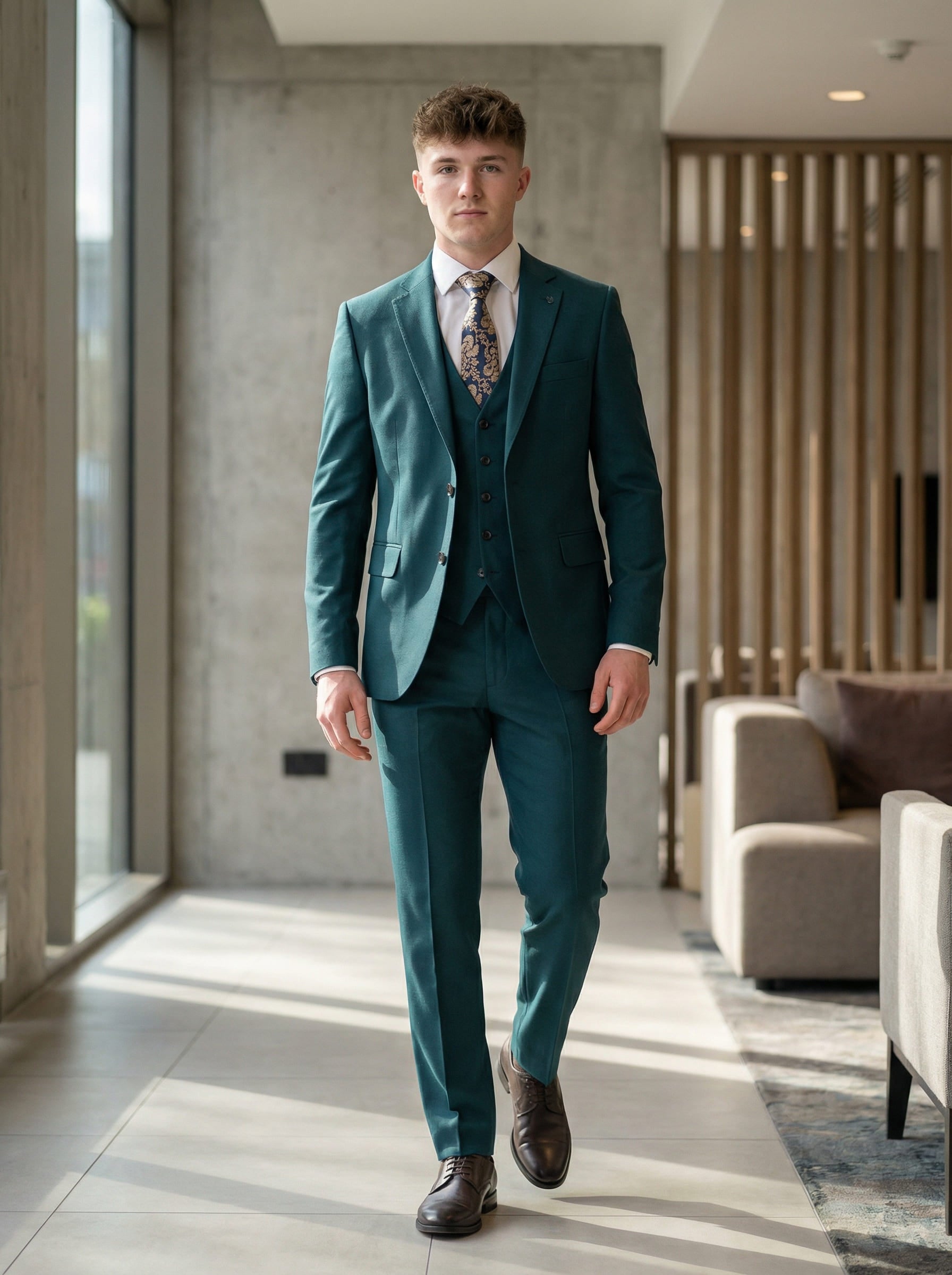 Emerald green slim fit three-piece prom suit styled for formal prom event