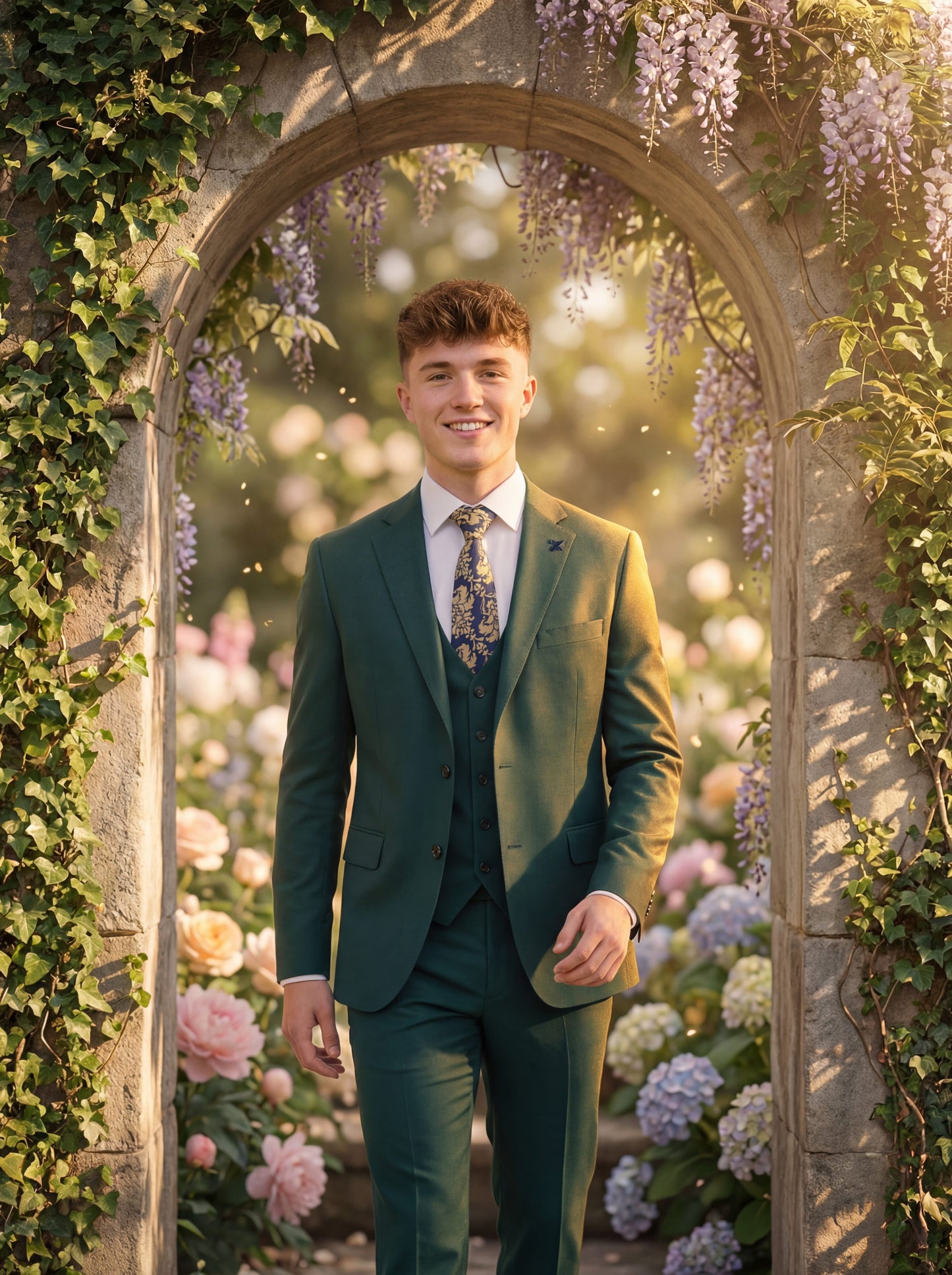 Emerald green slim fit three-piece prom suit styled for formal prom event