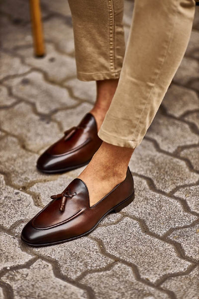 brown dress loafers Men's Brown Calfskin Leather Classic Tassel Penny Loafer 10 US