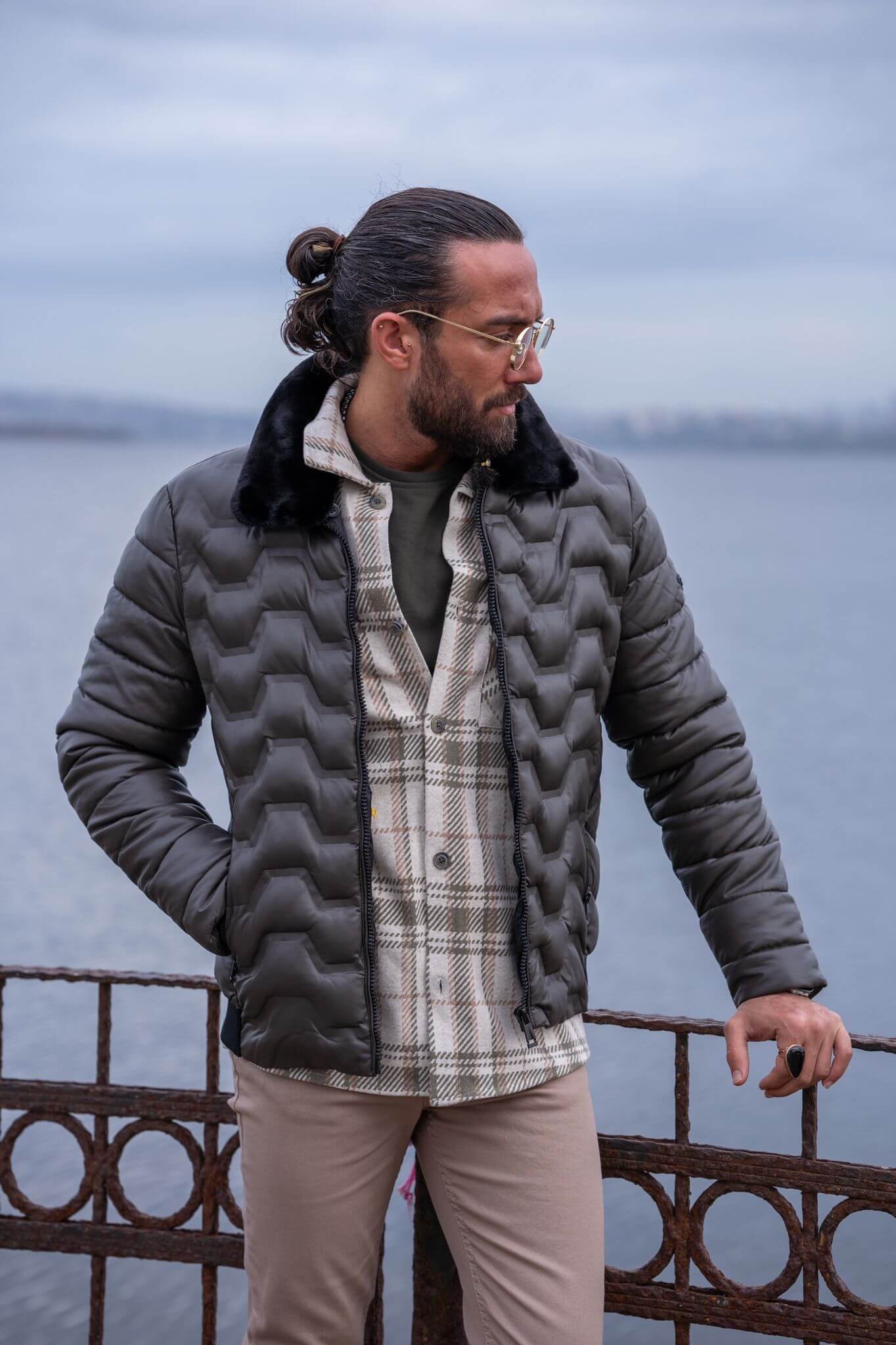 Modern masculinity embodied: our male model rocks the khaki bomber jacket.