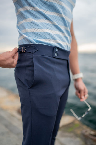 navy blue dress trousers Mara Slim Fit Double Button Navy Blue Trousers for Men. – HolloMen