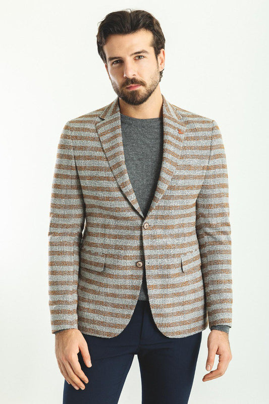 Model wearing a Gray and Camel Striped Blazer from HolloMen, showcasing a blend of classic tones with modern elegance.