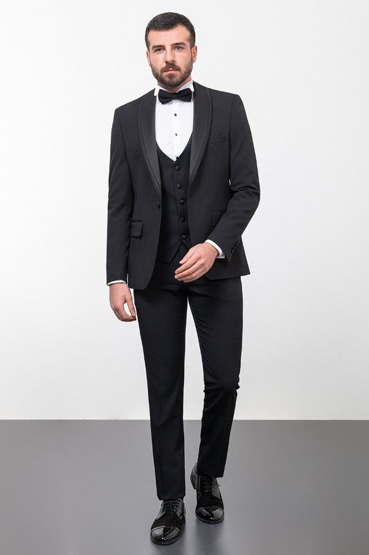 Black tuxedo satin-look shawl lapel and chest, side angle detail