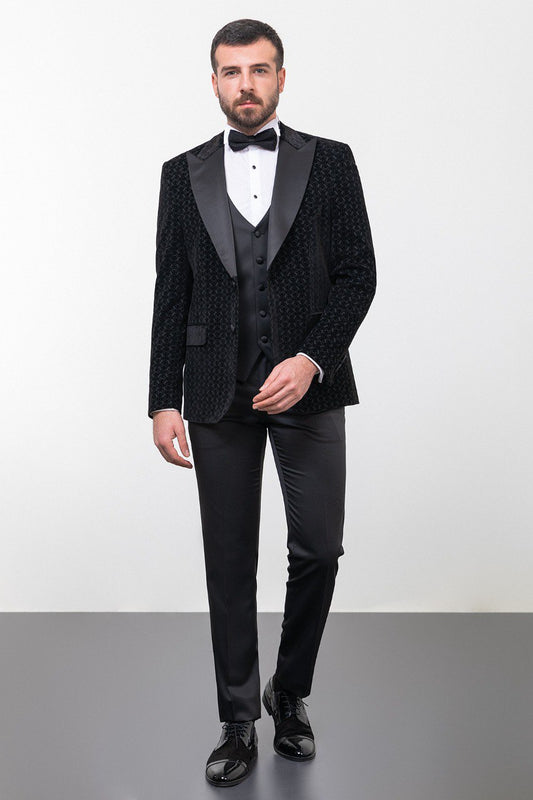 Black velvet-look two piece tuxedo complete black-tie outfit, back view
