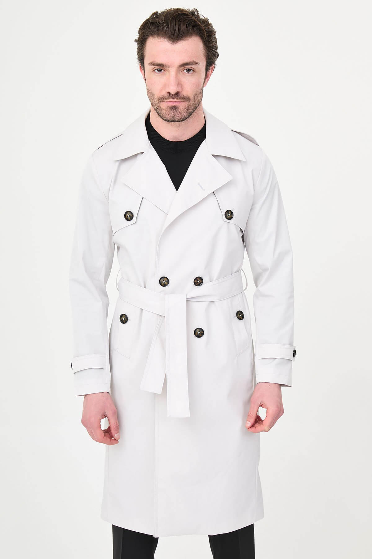 Men’s white double breasted trench coat with belt and tailored fit for fall winter fashion