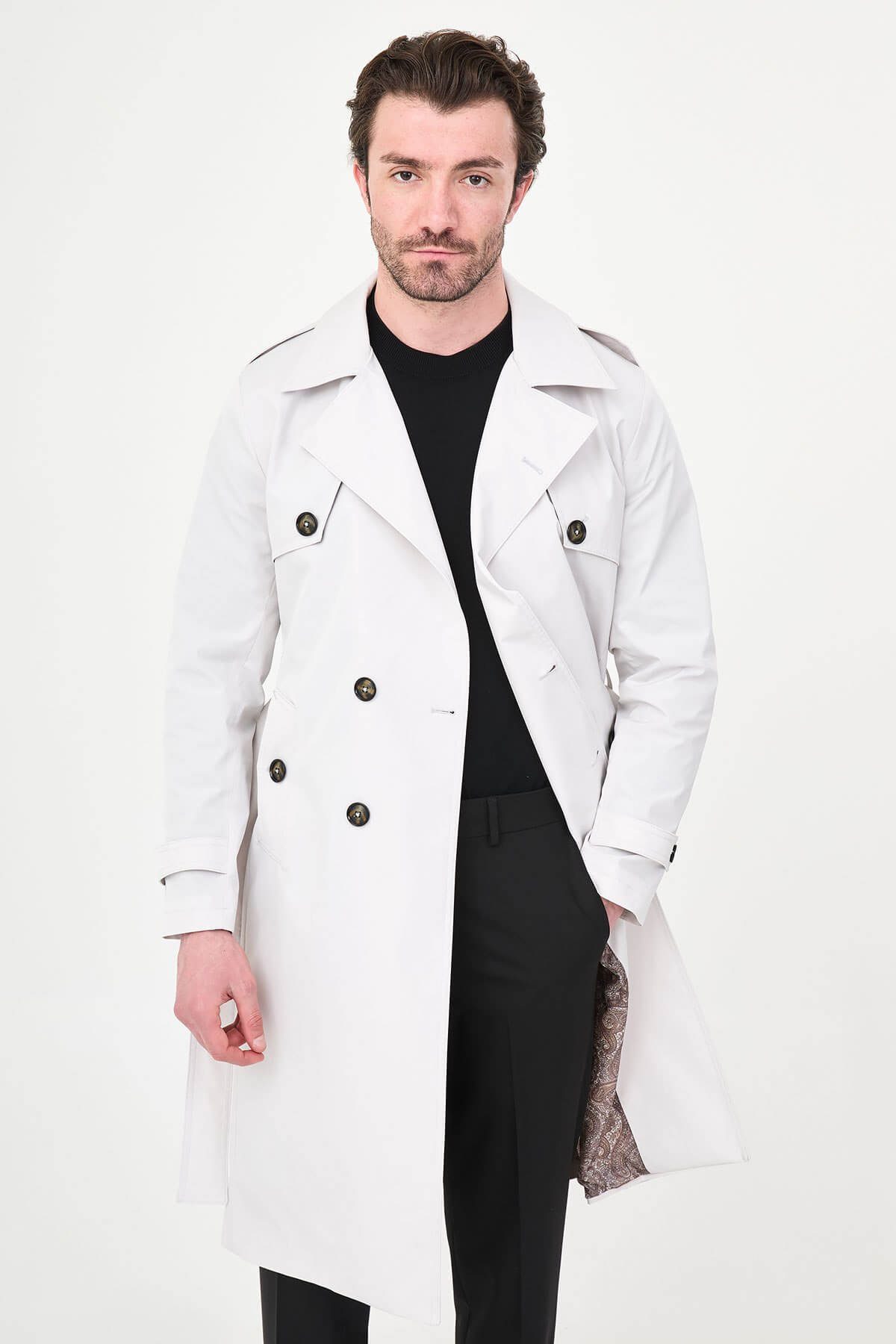 Men’s white double breasted trench coat with belt and tailored fit for fall winter fashion