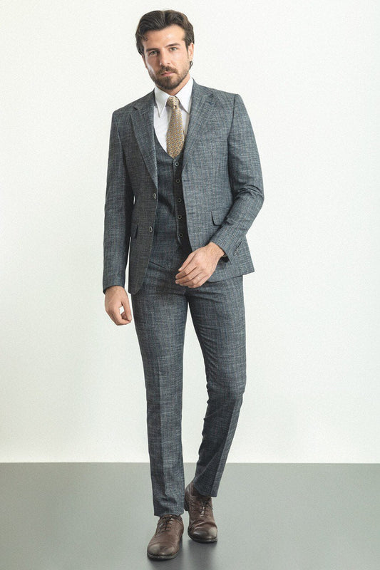 A Modern Elegant Slim Fit Gray Suit on Display. 