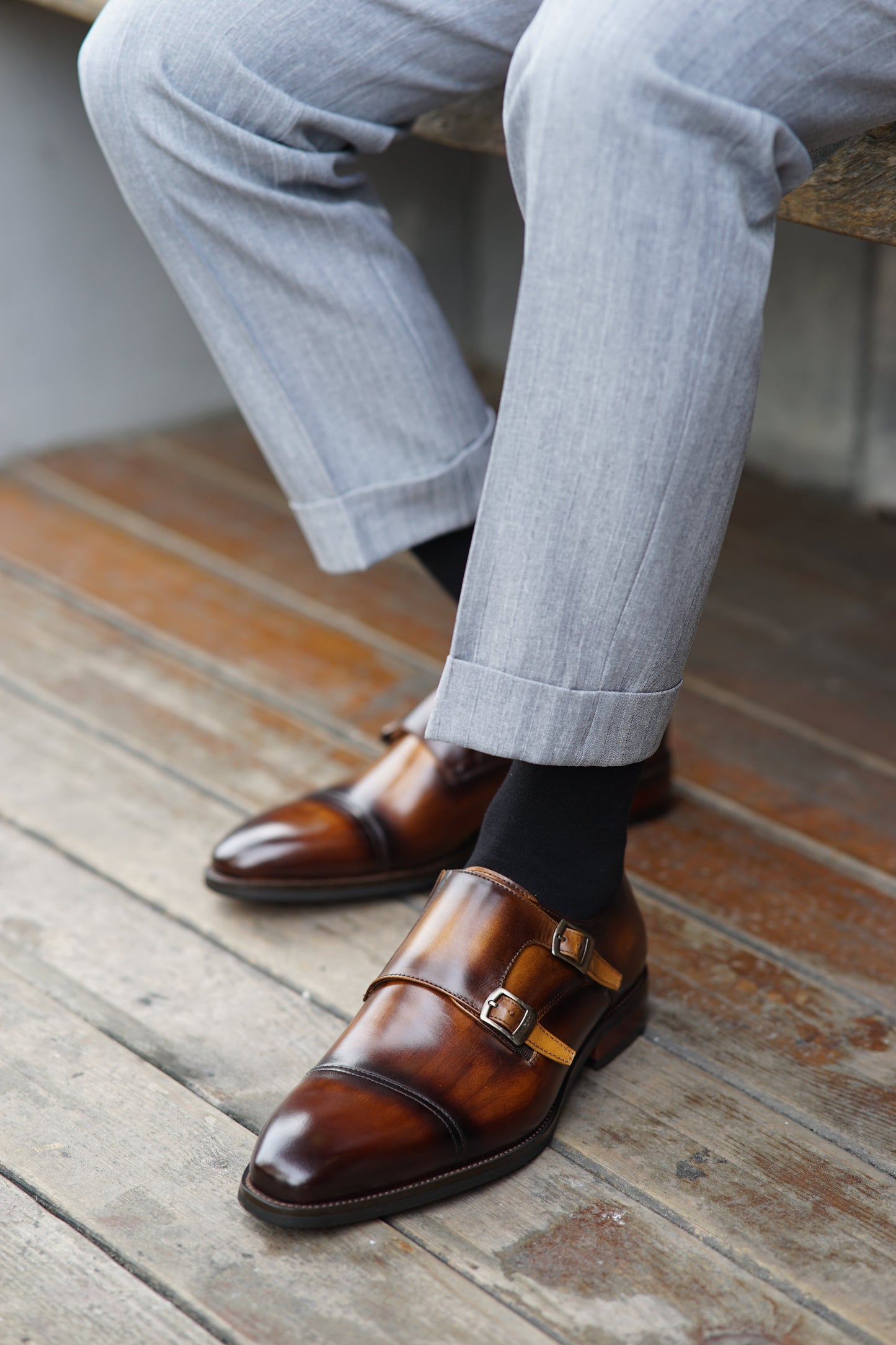 Brown Leather Double Monk Strap Shoes for Men – HolloMen