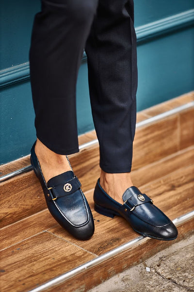 navy blue men's dress shoes Navy Blue Buckled Loafers: Effortless Elegance Redefined – HolloMen