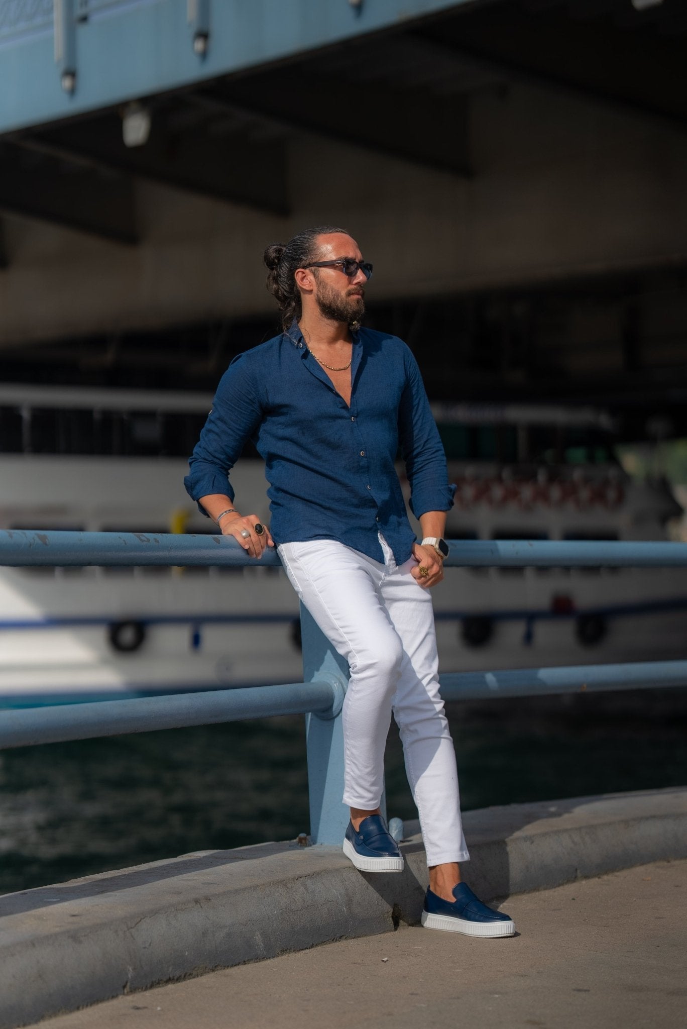 Redefine Summer Elegance - Navy Blue Linen Shirt. HolloMen Redefine Summer Elegance - Navy Blue Linen Shirt. HolloMen