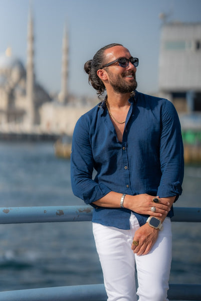 Redefine Summer Elegance - Navy Blue Linen Shirt. HolloMen Redefine Summer Elegance - Navy Blue Linen Shirt. HolloMen