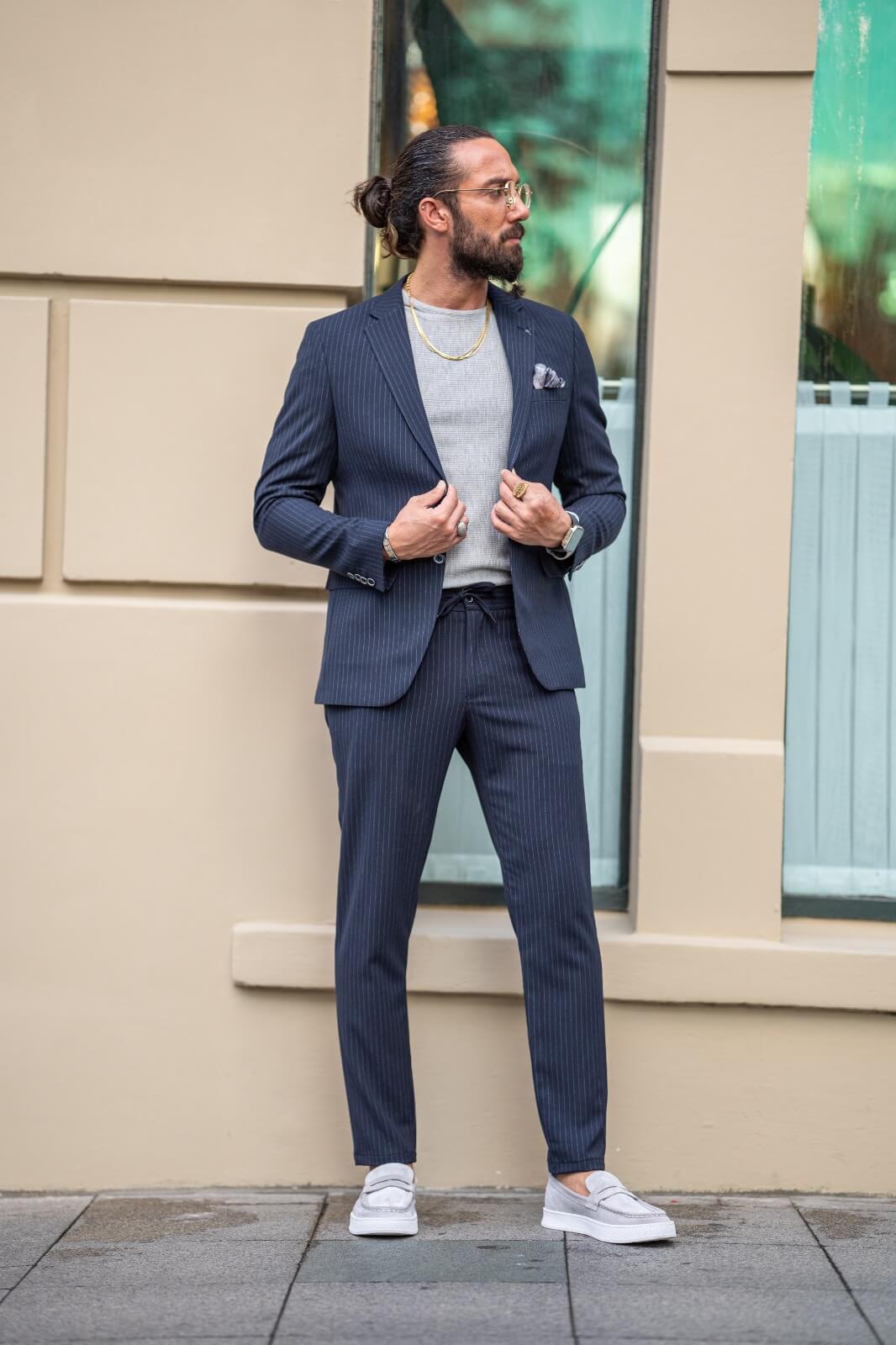HolloMen: Navy Blue Plaid Casual Suit for Men