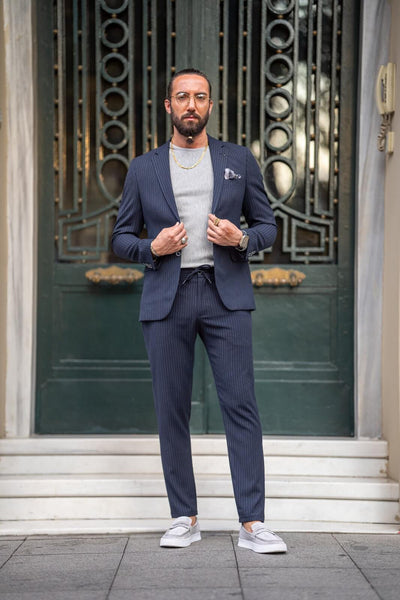 navy blue dress suit Classy Navy Blue Two Pieces Designer Prom Suits for Men