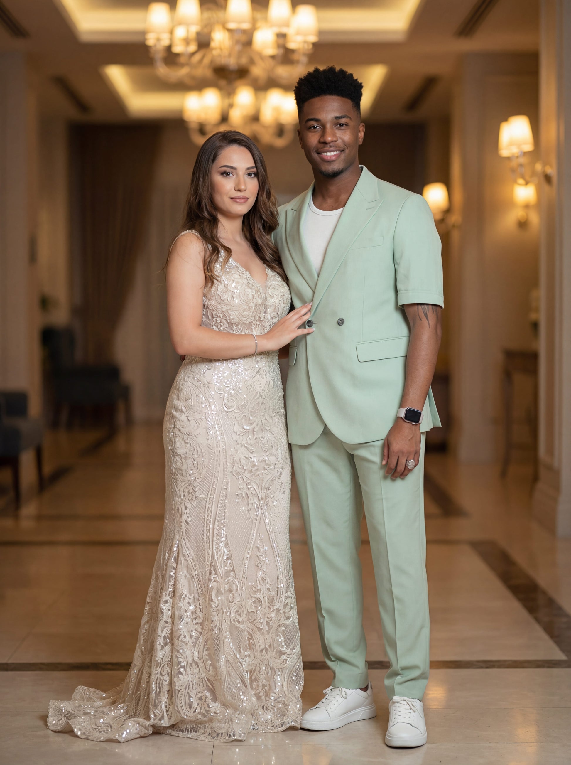 Mint green short sleeve prom suit worn by young male model