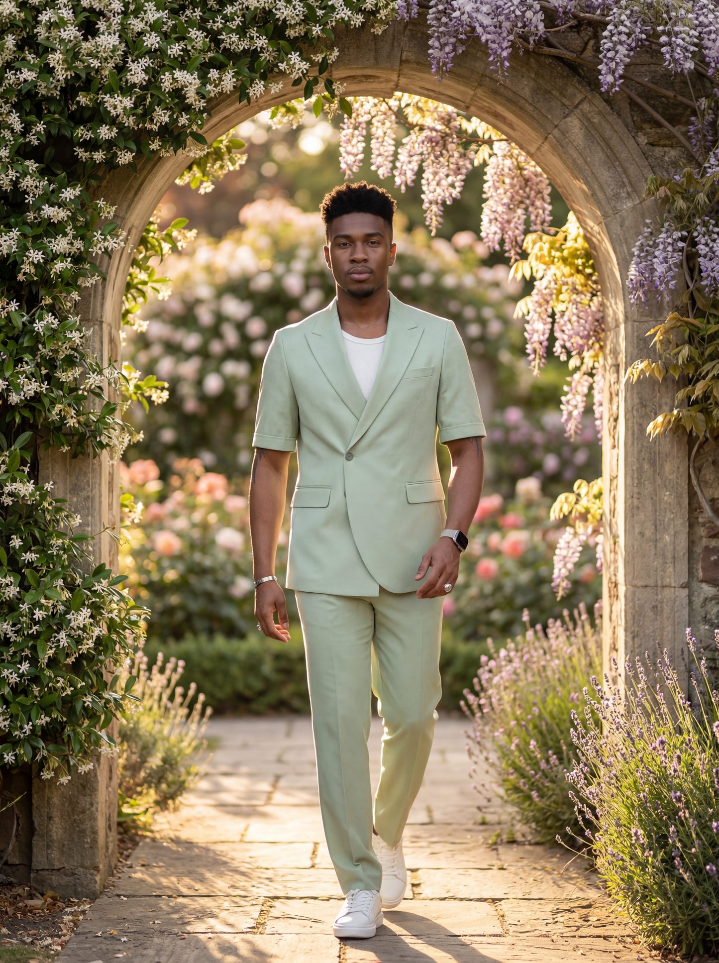 Mint green short sleeve prom suit worn by young male model