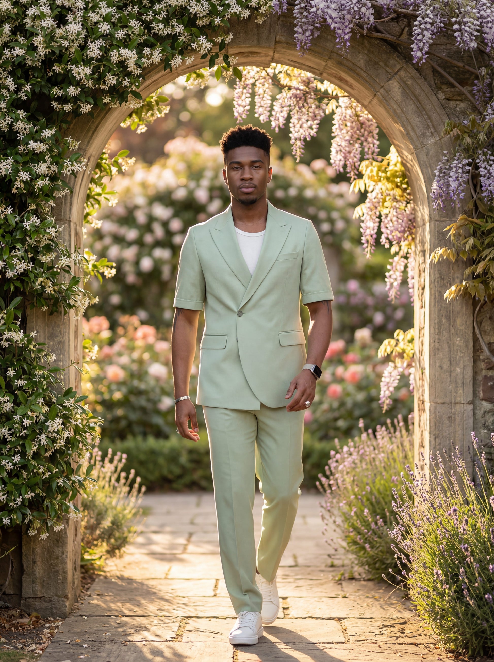 Mint green short sleeve prom suit worn by young male model
