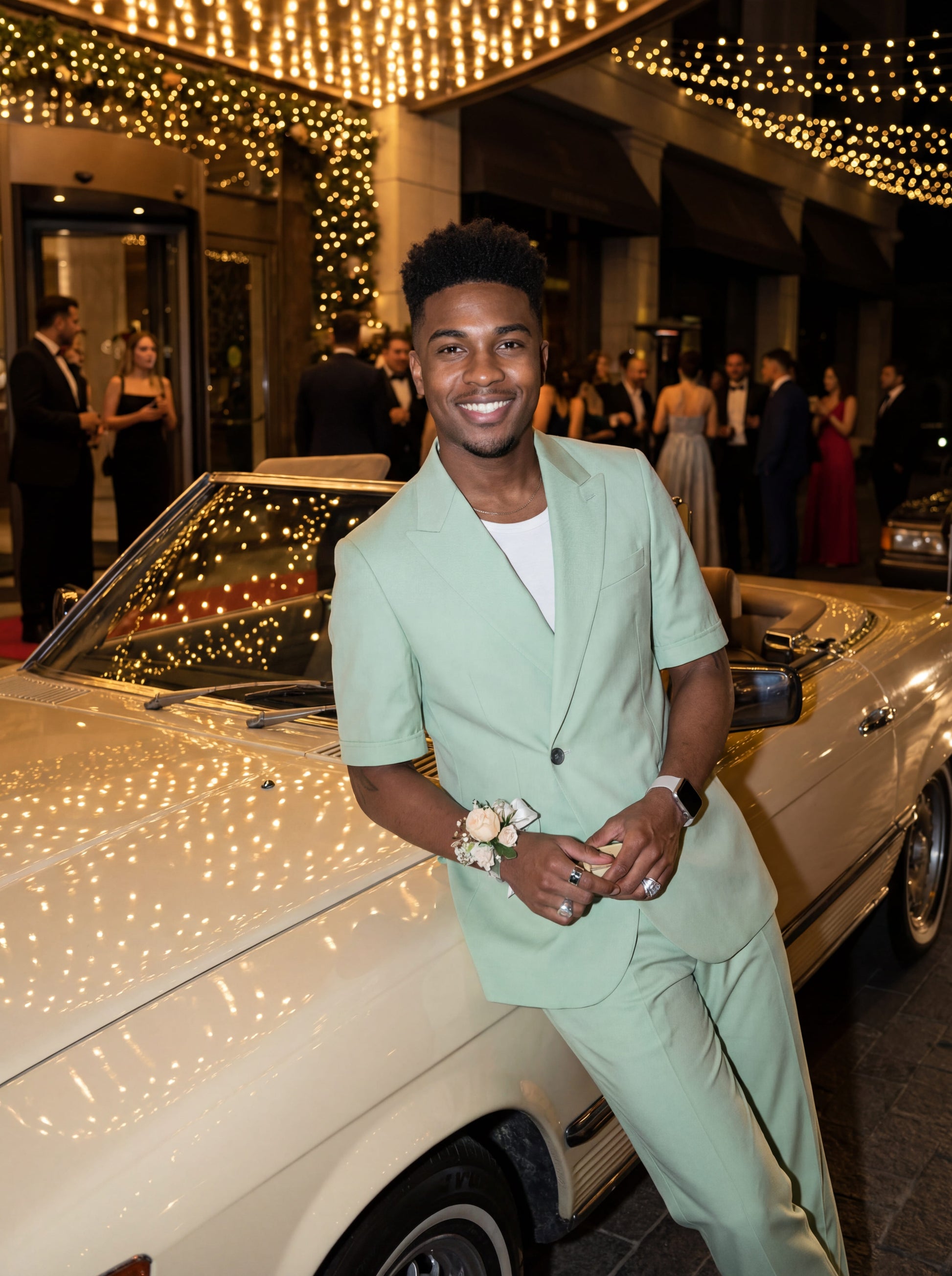 Mint green short sleeve prom suit worn by young male model