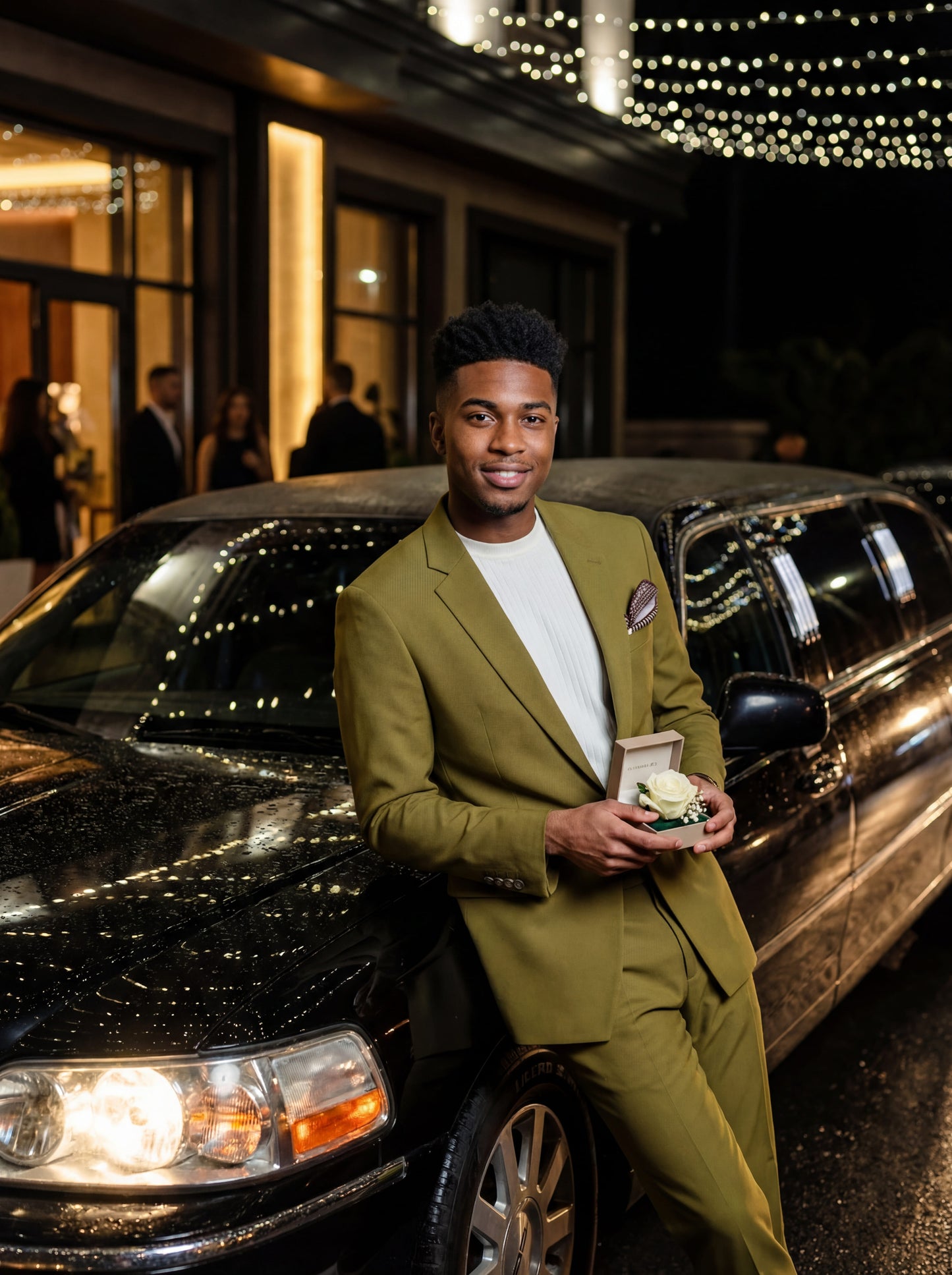 Olive green slim fit prom suit with chain detail worn by young male model