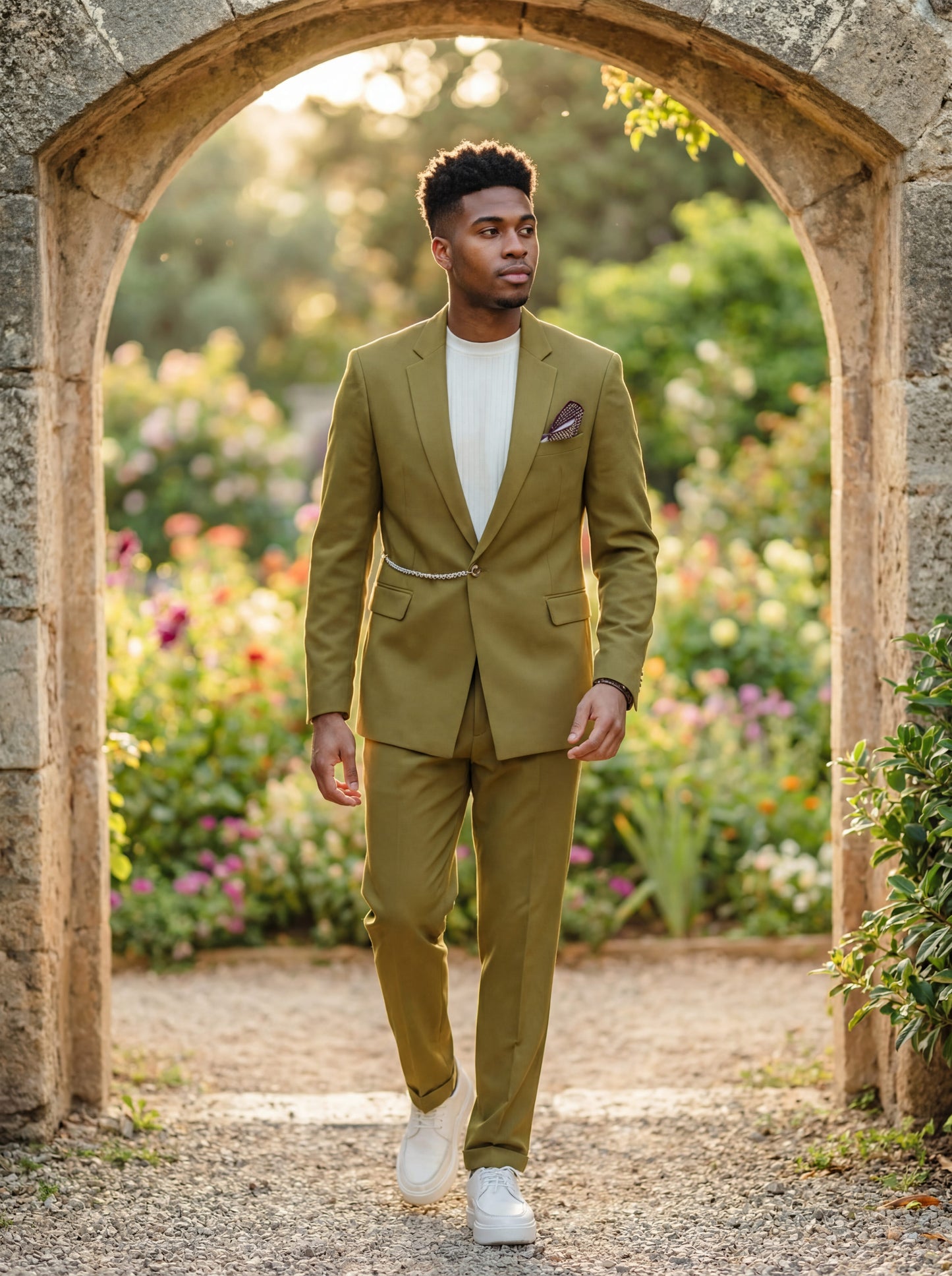 Olive green slim fit prom suit with chain detail worn by young male model