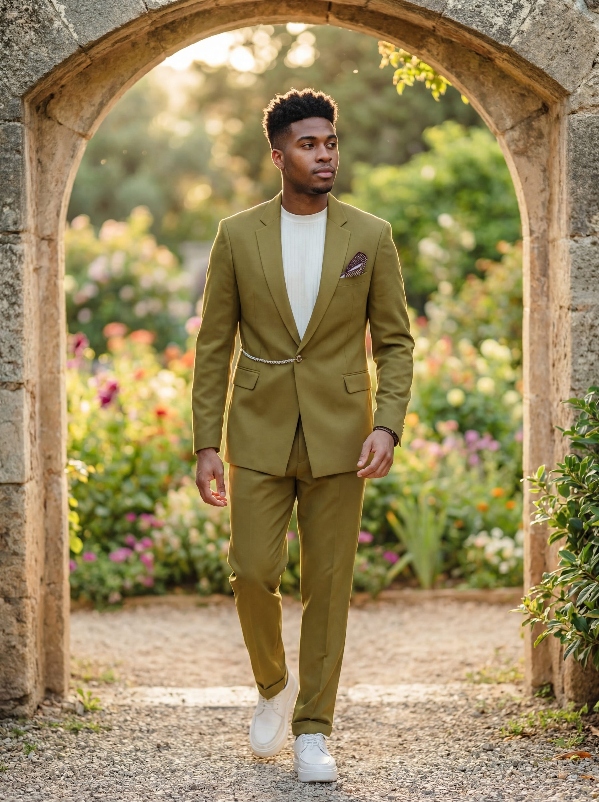 Olive green slim fit prom suit with chain detail worn by young male model