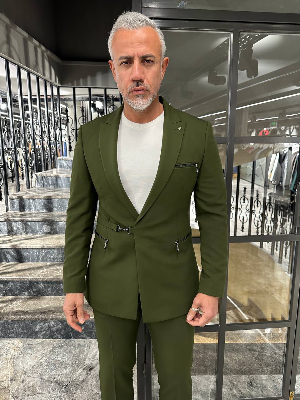 HolloMen Slim Fit Olive Green Statement Suit with Buckle Closure HolloMen Slim Fit Olive Green Statement Suit with Buckle Closure