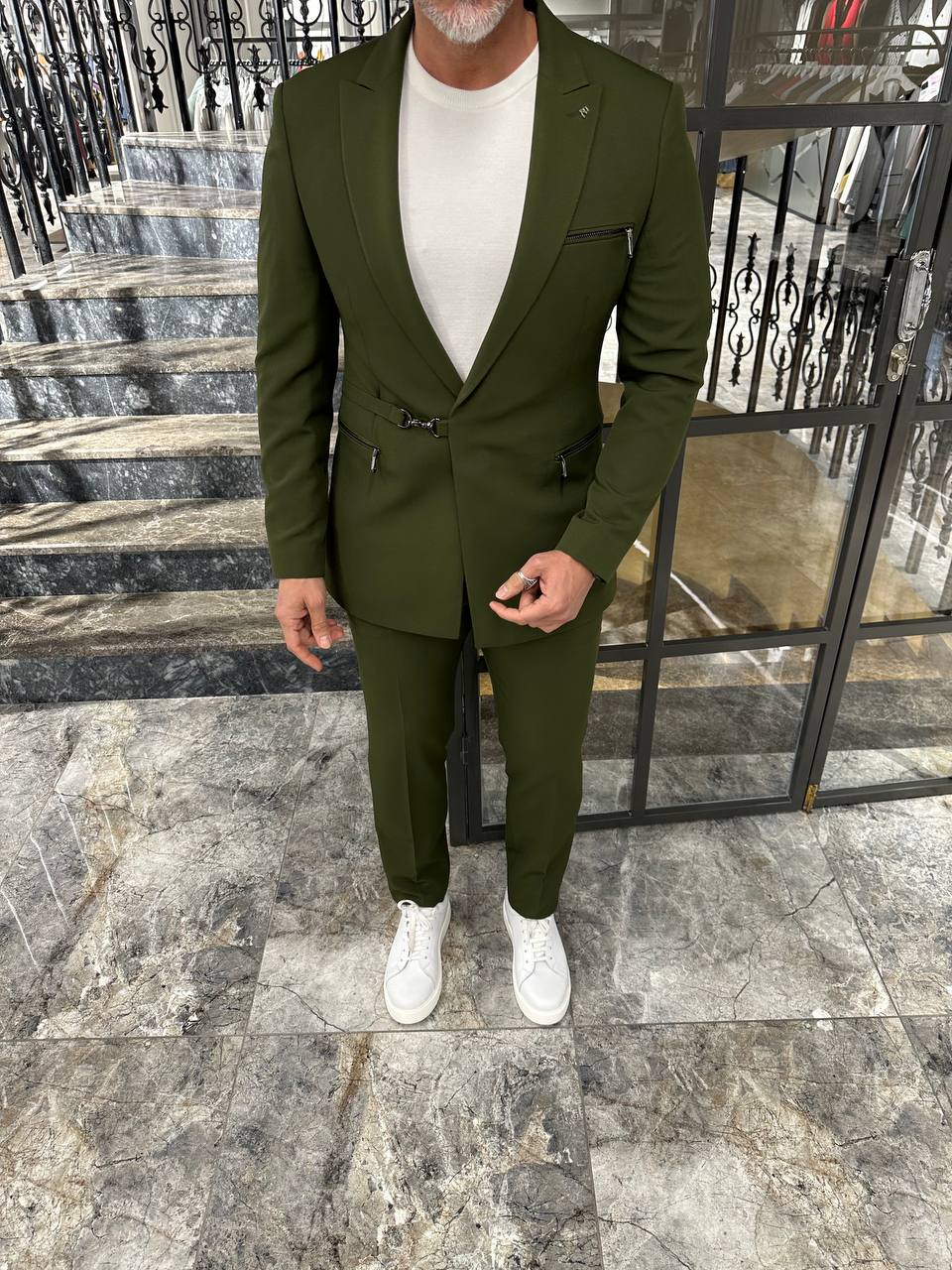 HolloMen Slim Fit Olive Green Statement Suit with Buckle Closure HolloMen Slim Fit Olive Green Statement Suit with Buckle Closure