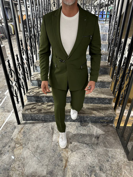 HolloMen Slim Fit Olive Green Statement Suit with Buckle Closure