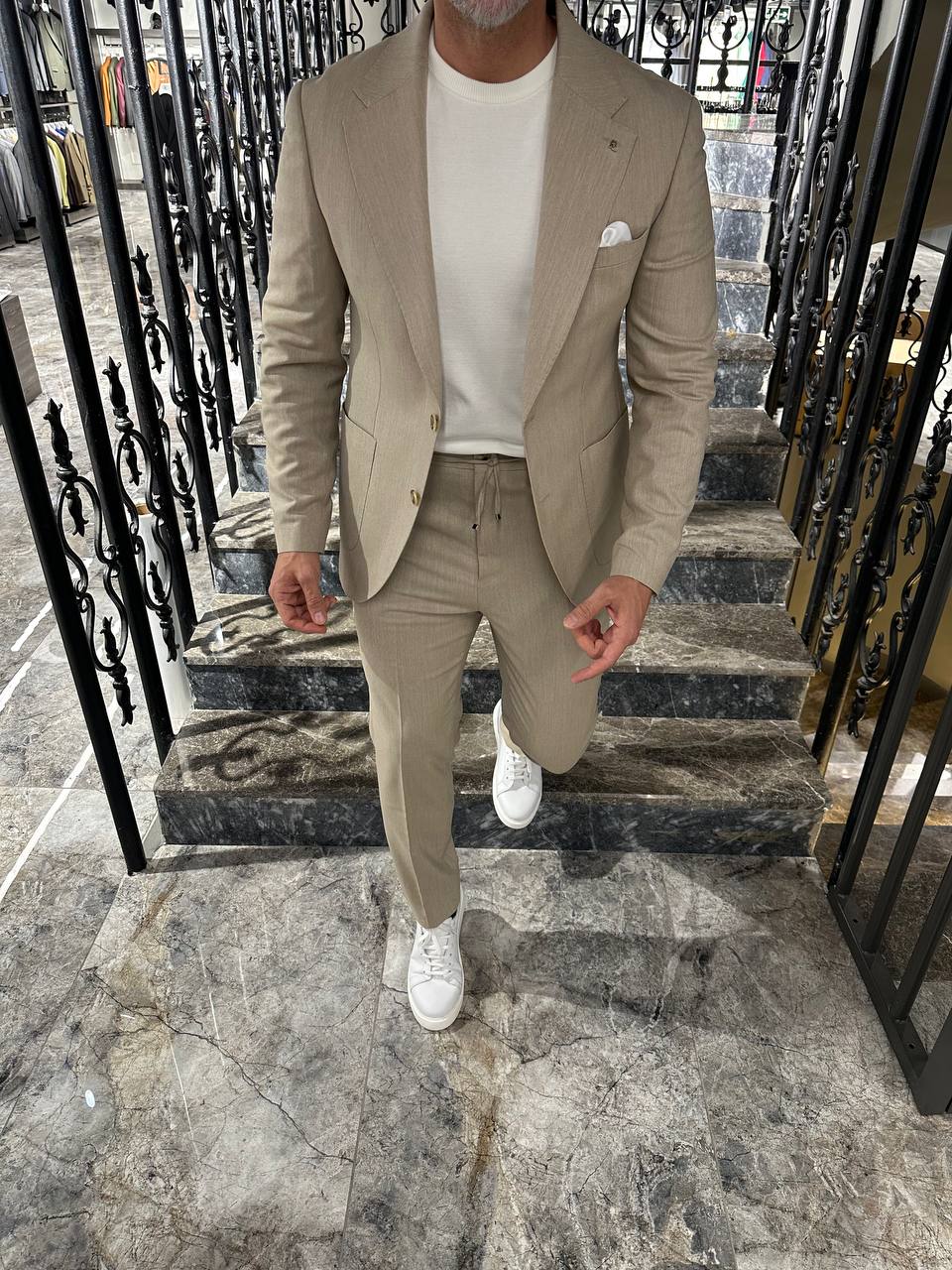 HolloMen Sand Beige Linen 2-Piece Summer Suit HolloMen Sand Beige Linen 2-Piece Summer Suit