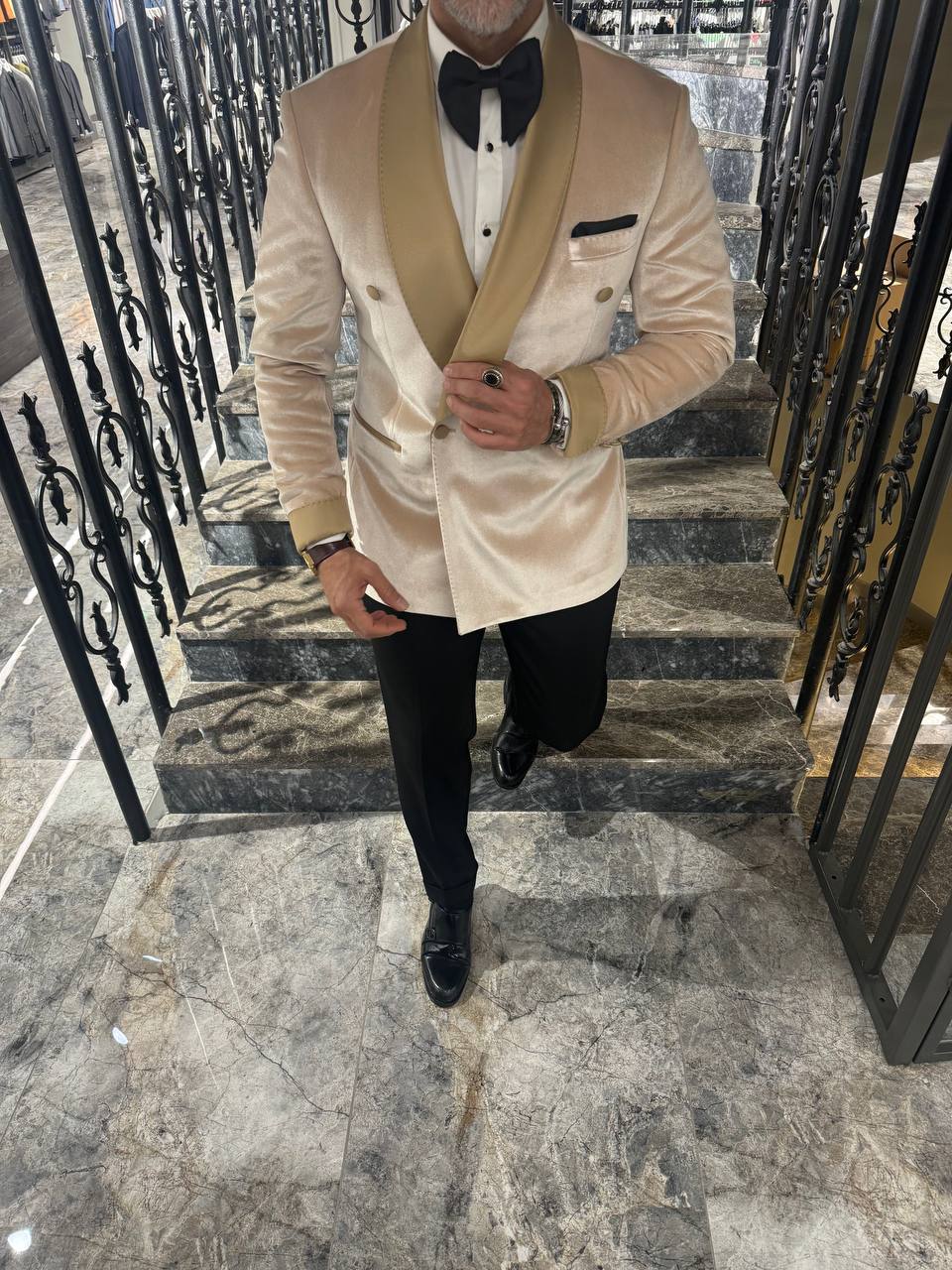 champagne dress and tuxedo Tan Bartlett Tuxedo