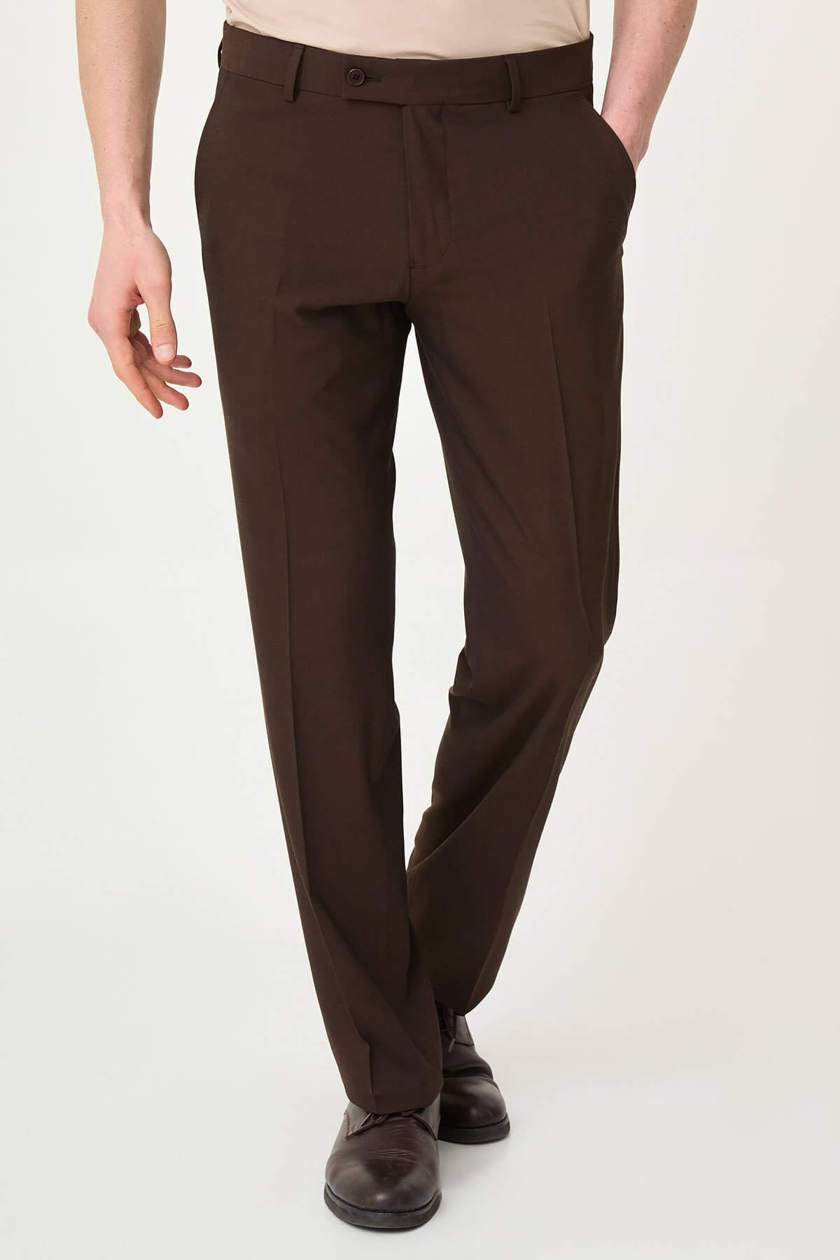 Men wearing dark brown slim-fit formal trousers with brown dress shoes, styled for summer office and formal events.