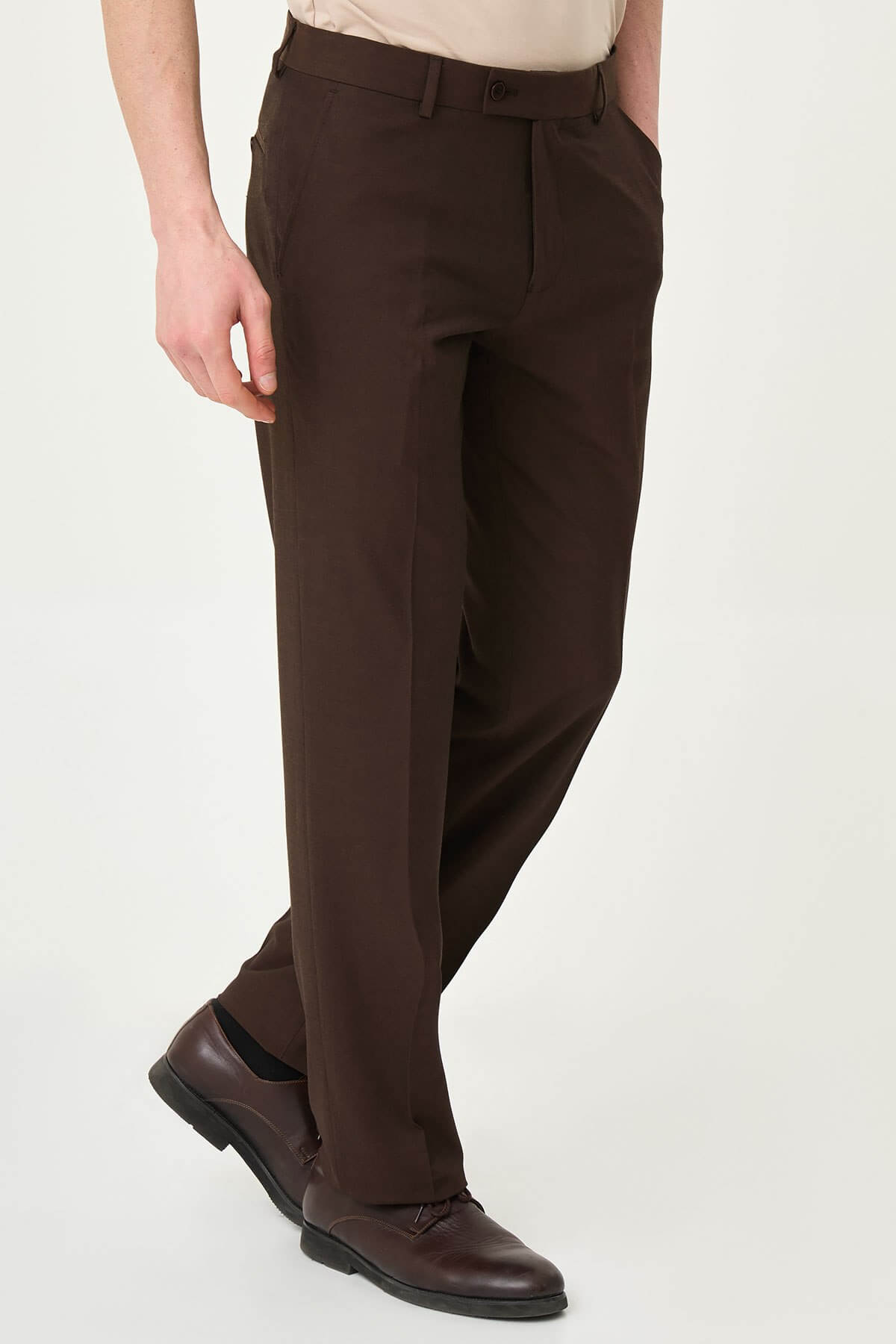 Men wearing dark brown slim-fit formal trousers with brown dress shoes, styled for summer office and formal events.