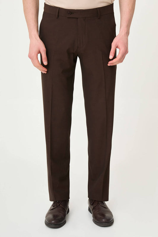 Men wearing dark brown slim-fit formal trousers with brown dress shoes, styled for summer office and formal events.