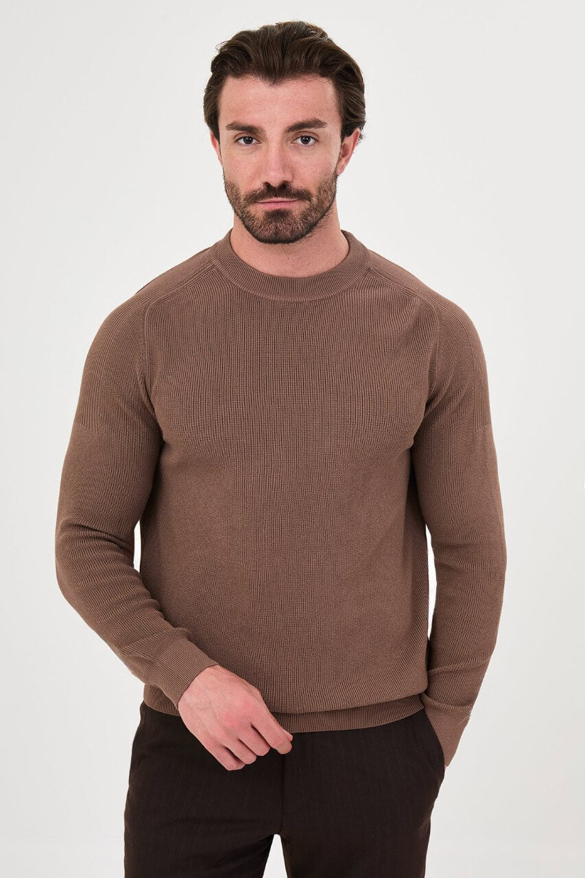 Men’s light brown crew neck knit sweater with cotton stretch fabric for fall winter smart casual outfits