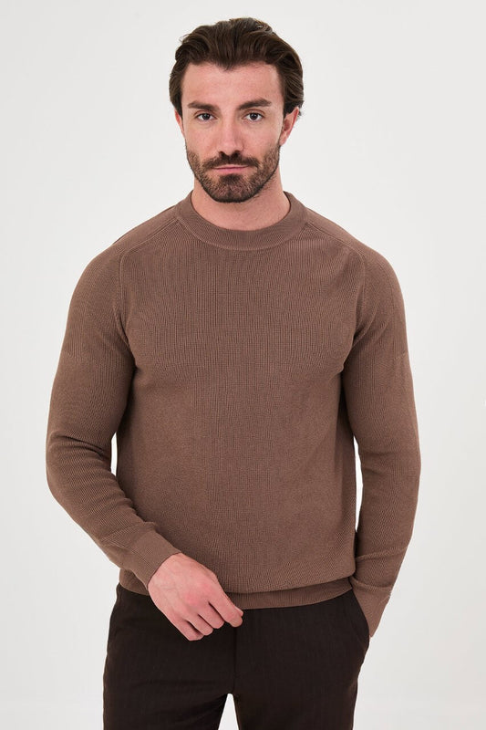 Men’s light brown crew neck knit sweater with cotton stretch fabric for fall winter smart casual outfits