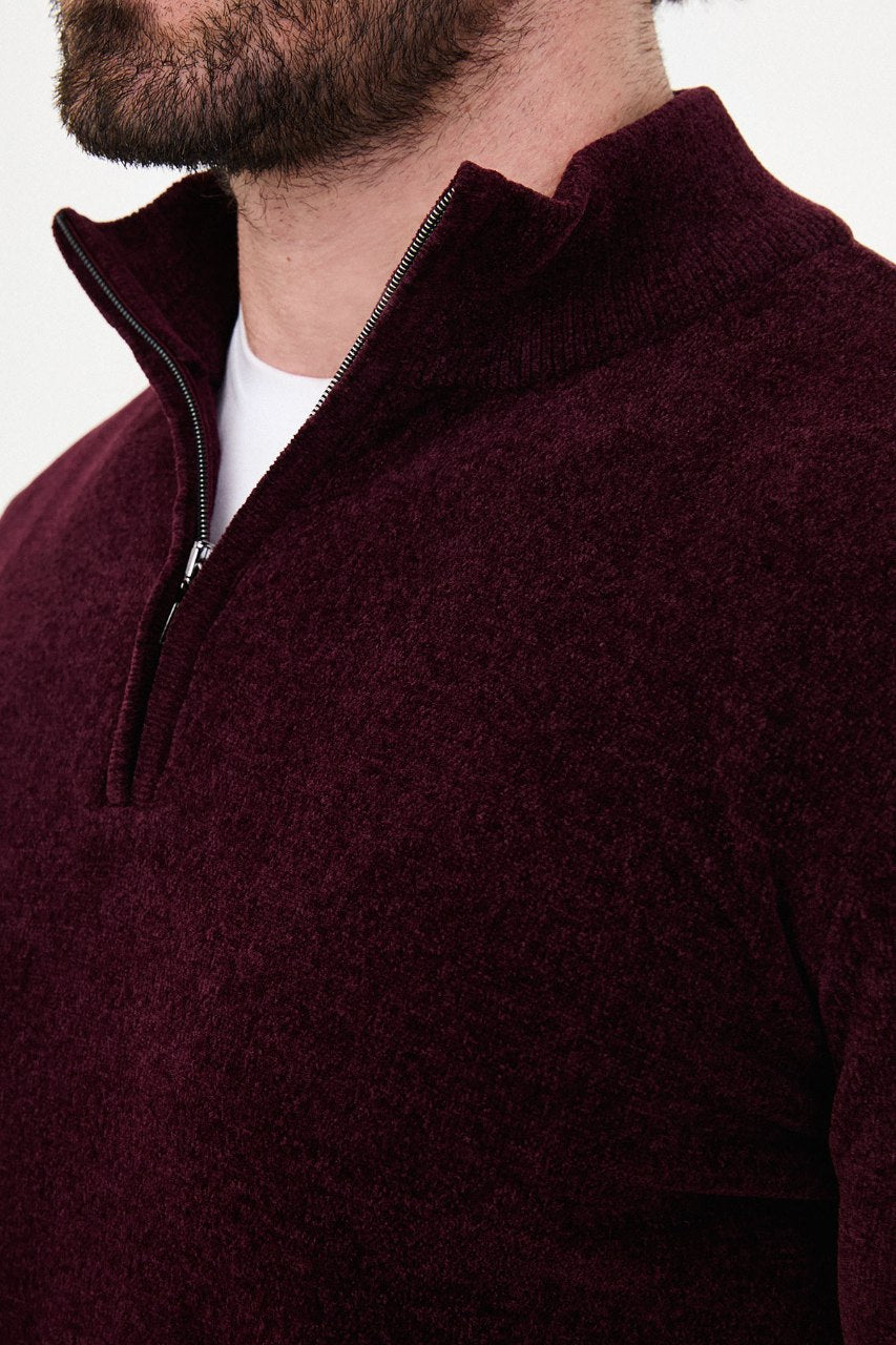 Men’s burgundy zip neck knit sweater in a cotton blend slim fit design for fall winter smart casual style.