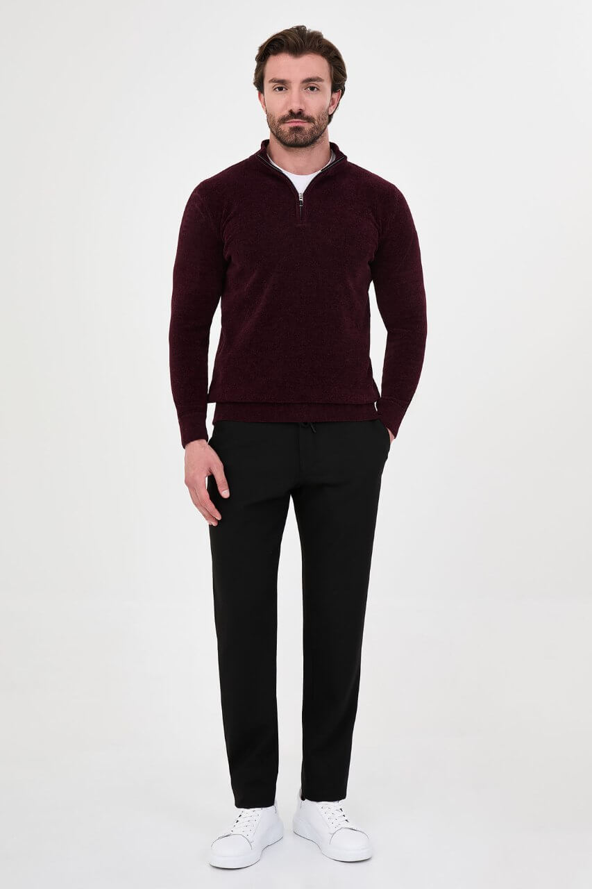 Men’s burgundy zip neck knit sweater in a cotton blend slim fit design for fall winter smart casual style.