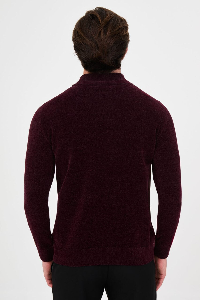 Men’s burgundy zip neck knit sweater in a cotton blend slim fit design for fall winter smart casual style.