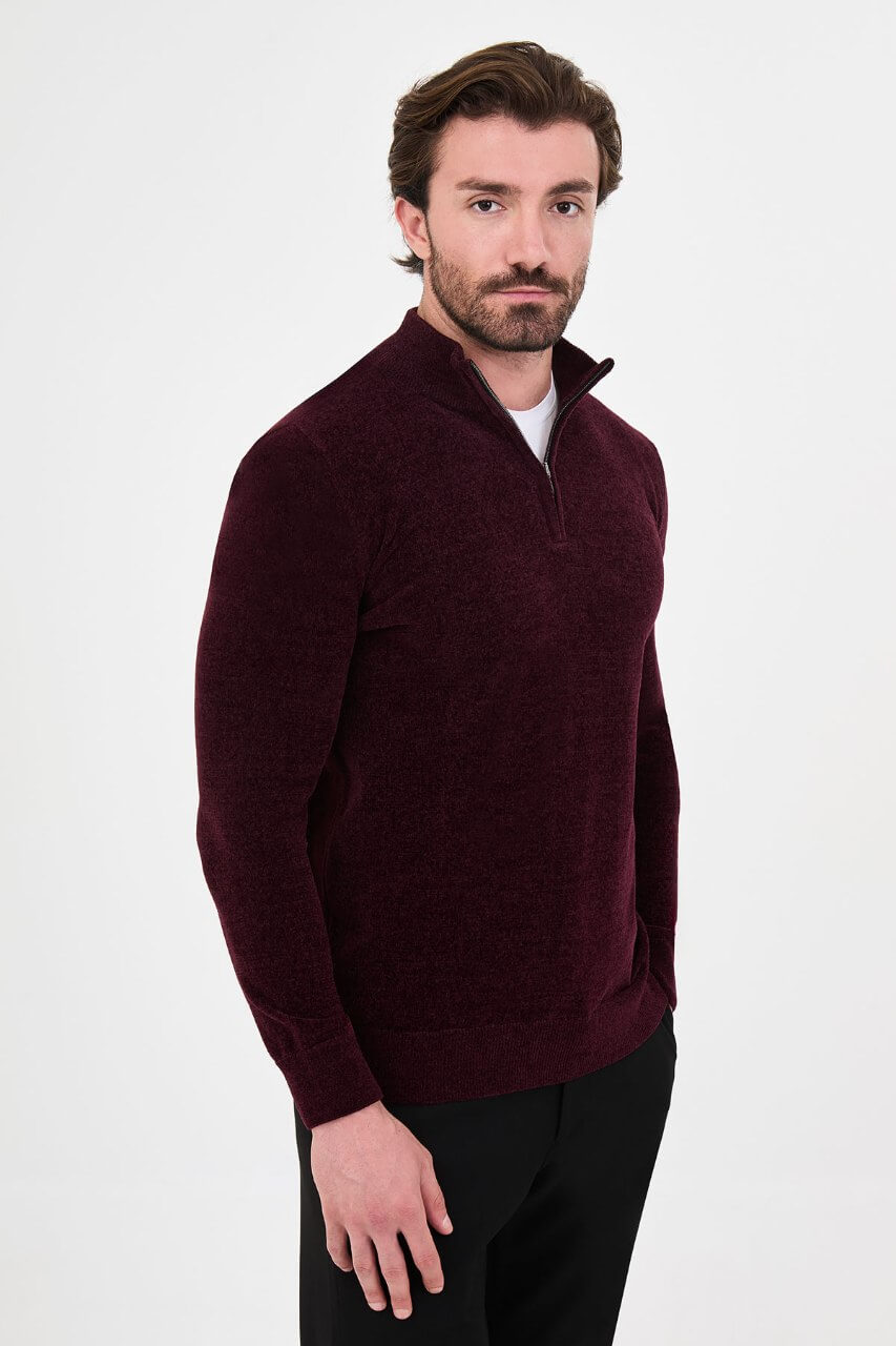 Men’s burgundy zip neck knit sweater in a cotton blend slim fit design for fall winter smart casual style.