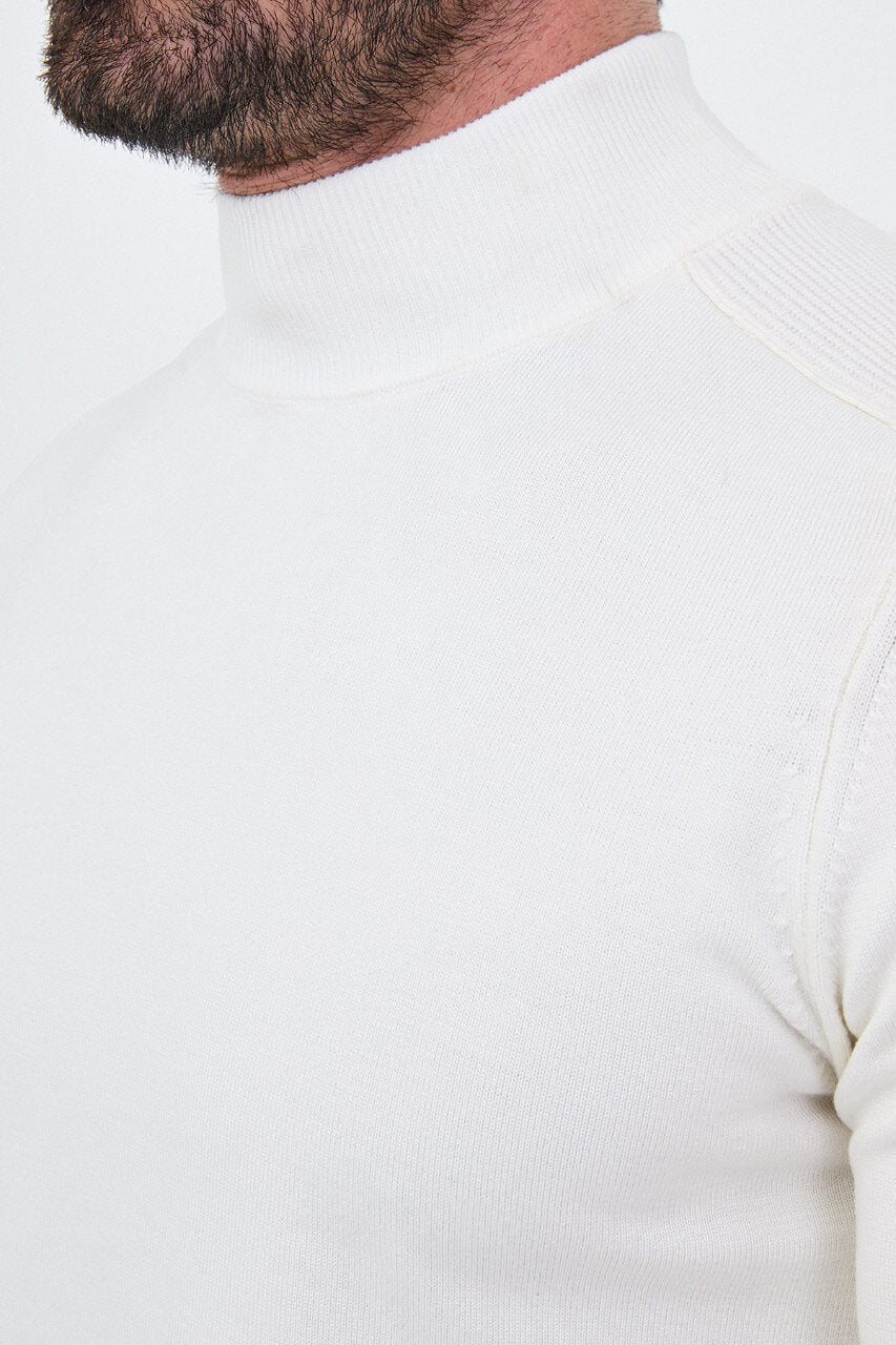 Men's ecru slim fit mock neck sweater cotton knit pullover for fall winter smart casual style