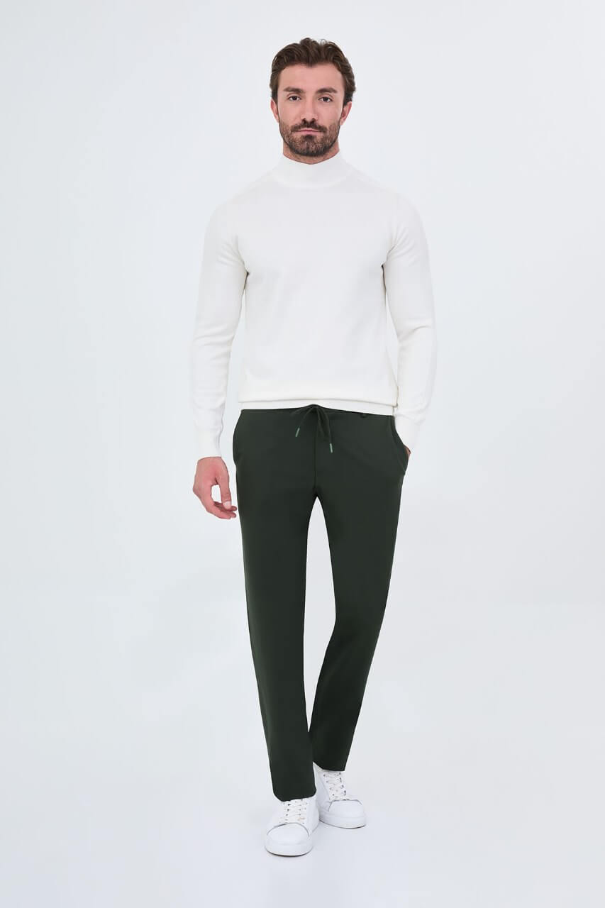 Men's ecru slim fit mock neck sweater cotton knit pullover for fall winter smart casual style