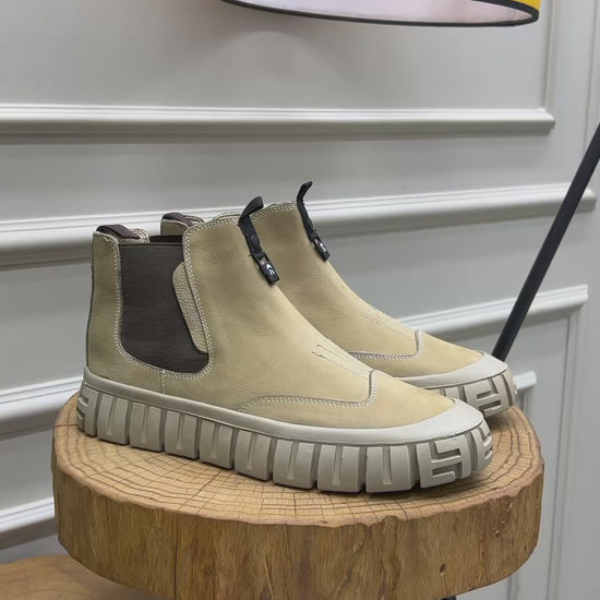 Men’s beige suede lug‑sole Chelsea winter boots with elastic side panels and EVA comfort sole