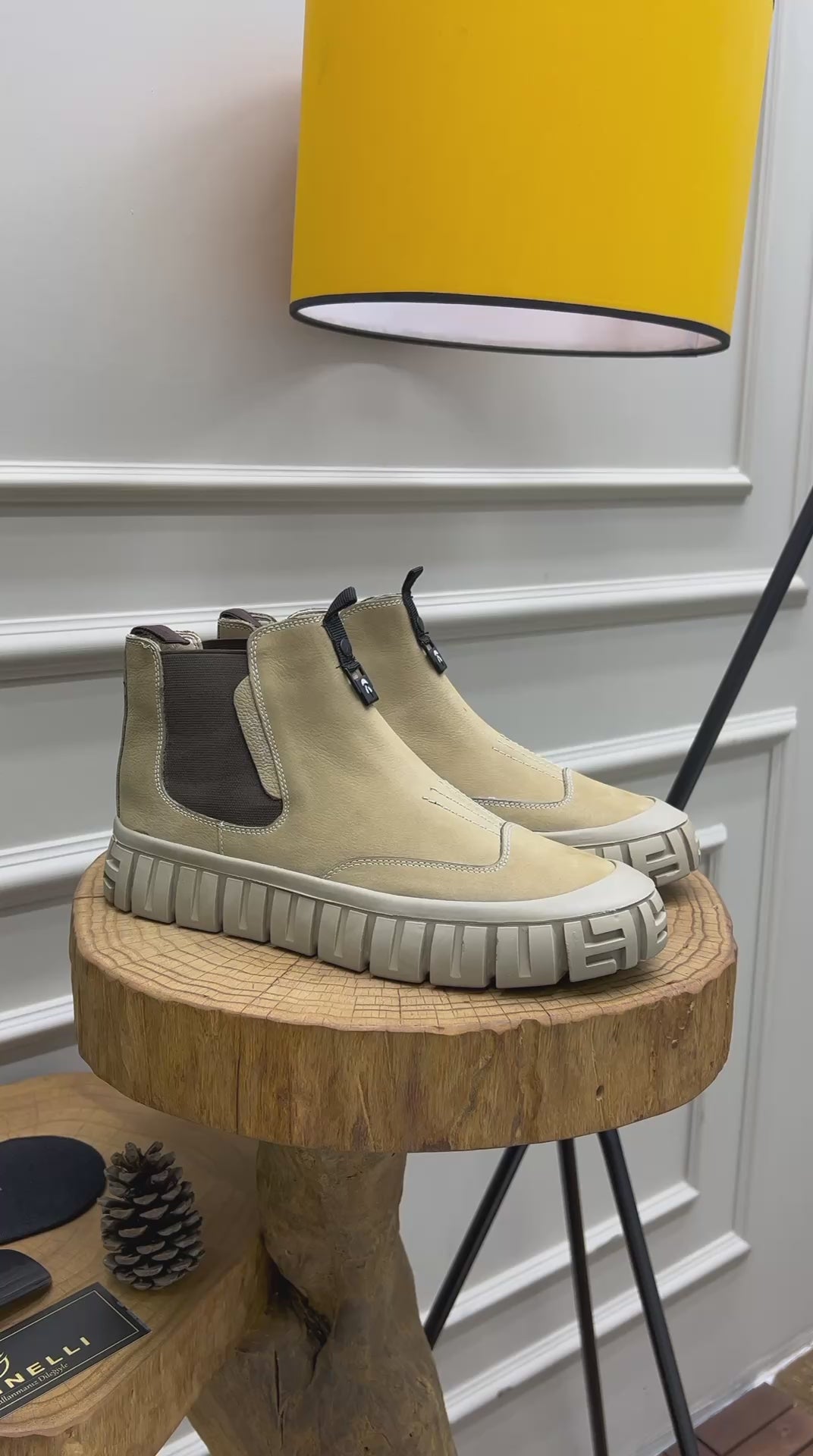 Men’s beige suede lug‑sole Chelsea winter boots with elastic side panels and EVA comfort sole