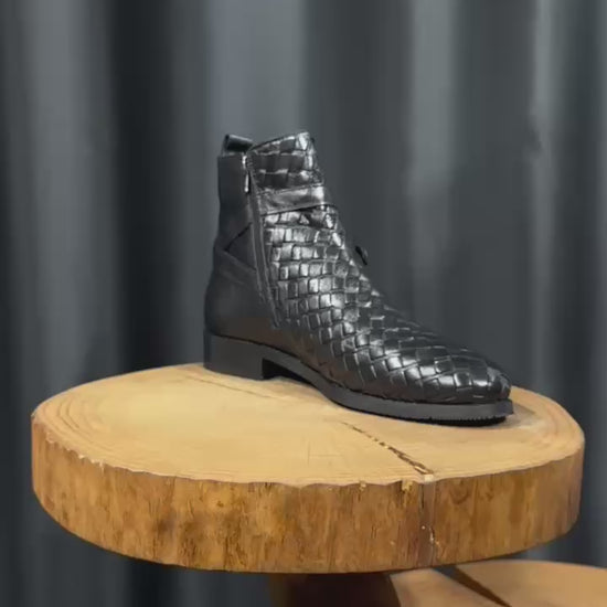 Men’s black woven leather ankle boots made from 100% premium leather for winter wear