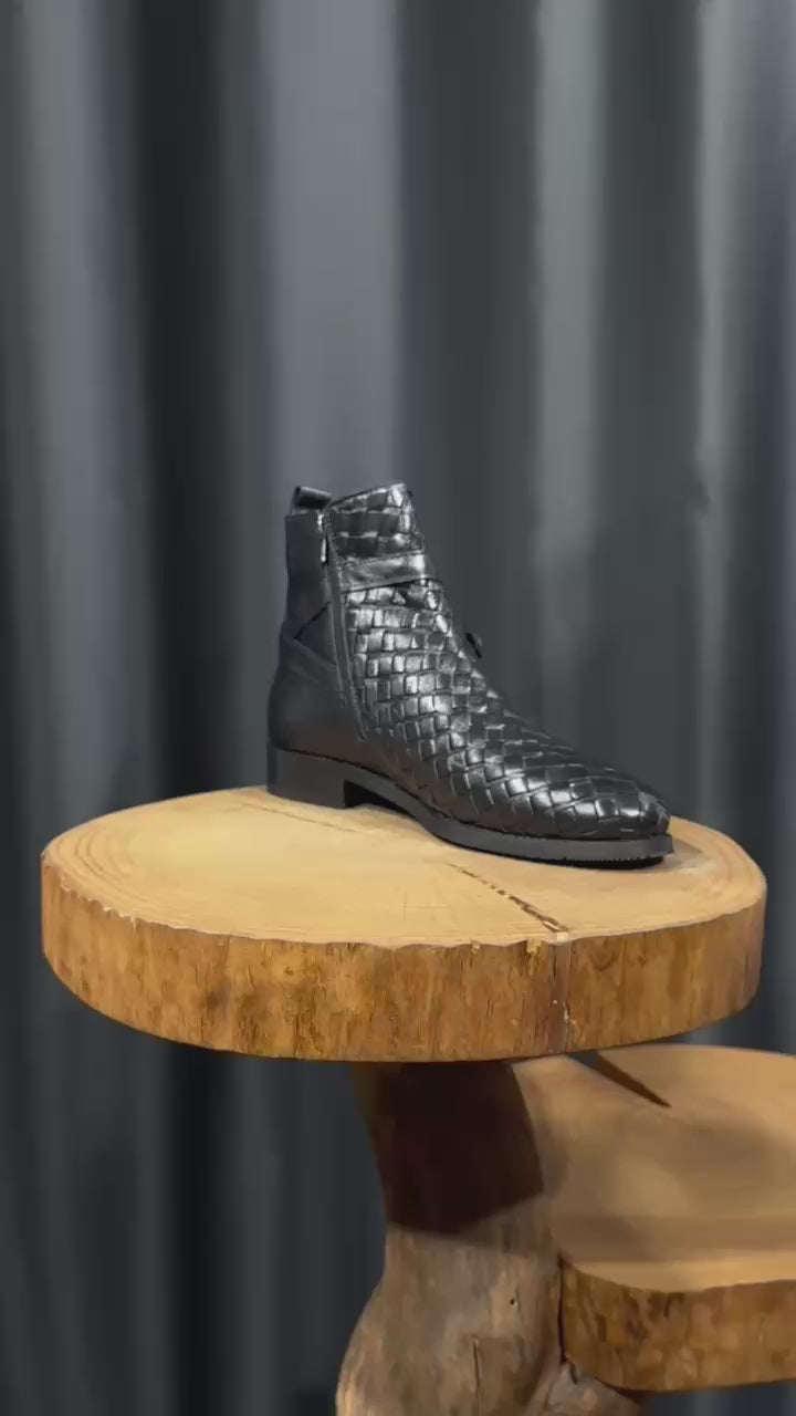 Men’s black woven leather ankle boots made from 100% premium leather for winter wear